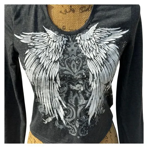 Romwe S Long Sleeve Graphic Top Angel Wings Black Stretch Tee Women S - Picture 3 of 12